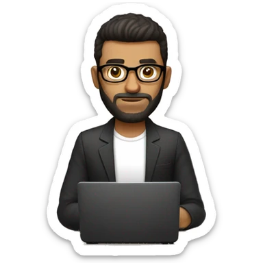 Persona, hombre, 33 años, lentes con marco negro, cabello corto, ojos marrones, barba de 3 dias, detras de una mesa con un ordenador sticker