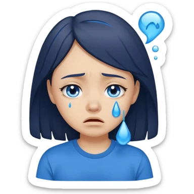 sad brunette girl crying with blue tears wearing a blue tshirt sticker