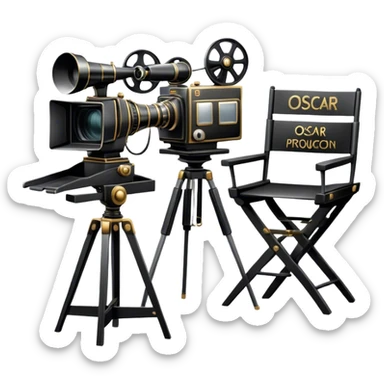 Professional icon for Directing: a film camera, an Oscar statuette and a script with a director's chair in the background. The icon should convey the prestige and creativity of directing in film, with focus on awards and film production. Transparent background. sticker