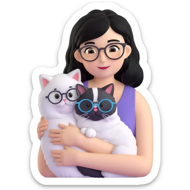 Skinny woman with oval glasses, shoulder length straight black hair, wearing white sleeveless top, hugging a Persian-Angora cat that's gray and white like Oreo cookies, plain background sticker