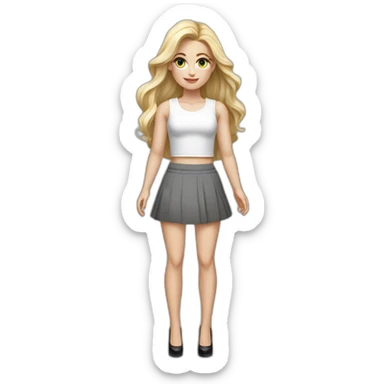 hyperrealist caucasian long blonde hair dark brown eyes woman white crop top gray mini skirt black high heels full body sticker