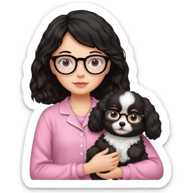 soft wavy black haired girl wearing black framed glasses in a pink pjs while holding her fluffy dog sticker