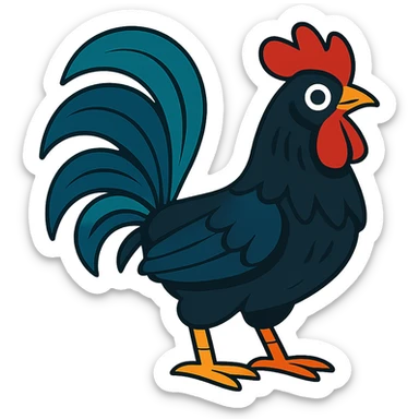 black rooster with prominent tail feathers, eye-catching, vibrant toon style sticker