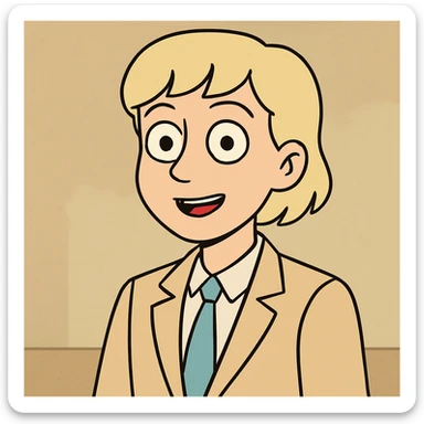 person with light blonde hair, short bangs, bright black eyes, small upturned nose, nice outfit sticker