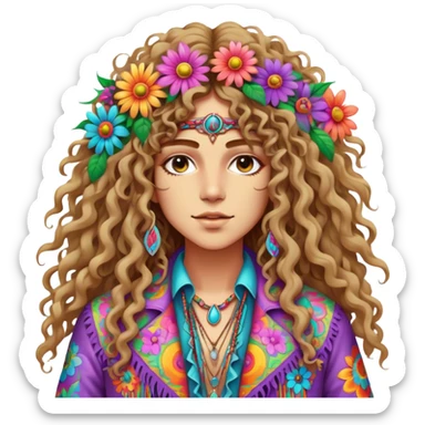 Create a 3D ultra detailed psychedelic colored hippie style flower border with a gorgeous hippie in the center with long curly hair and a fringed jacket sticker