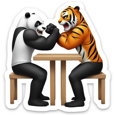 A sweaty panda arm wrestling a confident tiger sticker
