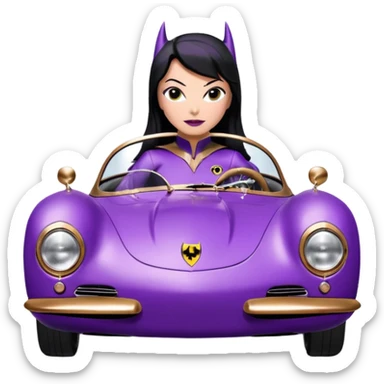 Adult tight purple suit wearing BatGirl driving her satin-black and rose-gold 1955 Porsche 550 Spyder too fast in the country, despite the rainy conditions making the tires slippery, sliding sideways with her black hair fluttering in the wind sticker