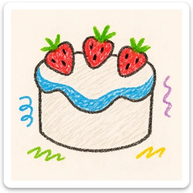 heart-shaped white cake with strawberries on top, playful and colorful, children doodle style sticker