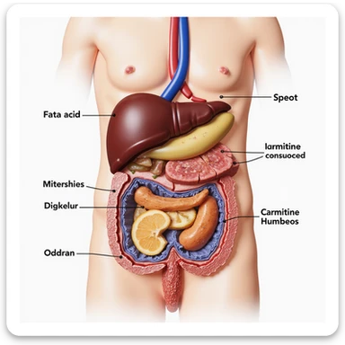 detailed anatomical 4K cross-section of fatty acid transport in the human body, focusing on mitochondria, carnitine, and membranes sticker