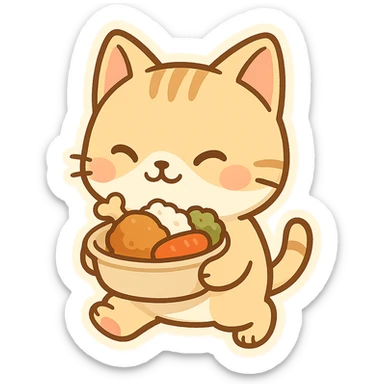 cute and clear cat carrying food, chibi stickers style, adorable and sharp sticker