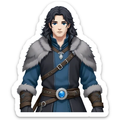 Medieval winter outfit worn by a DnD themed fantasy male character. Heavy charcoal gray wool tunic with black wolf fur lining, embellished with etched silver buttons and a sturdy leather belt with decorative metalwork. Clothes only above the waist, full waist coverage. The character has no arms. Character is white-skinned with jet black hair, steel blue eyes, and shoulder-length wavy hair with snow-kissed strands. sticker