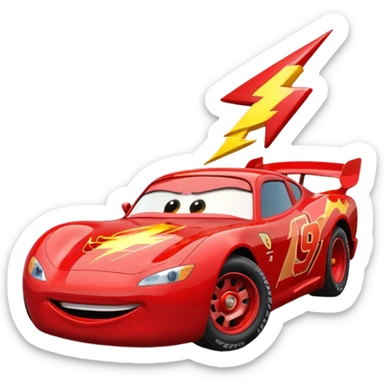 Rayo McQueen racing, dynamic pose, red car with lightning bolt sticker