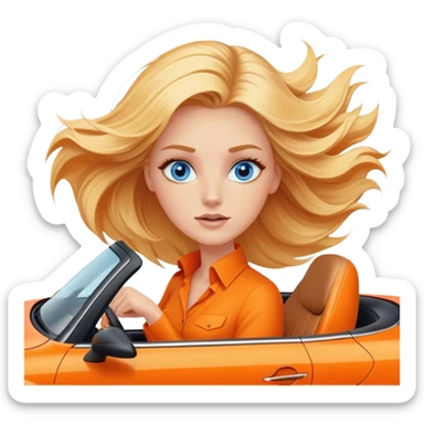 Cinematic realistic blonde with blue eyes, driving an orange Mercedes car, her hair blowing in the wind sticker
