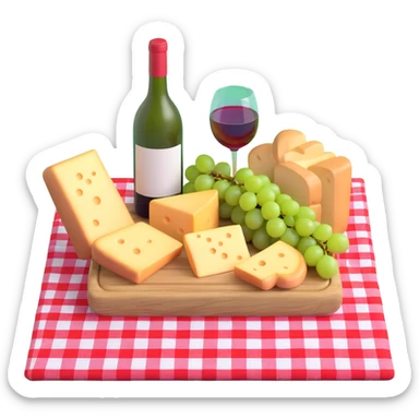picnic with cheese, bread, grapes and wine on a red and white checkered blanket sticker
