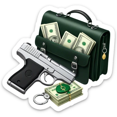 Icon for Action & Crime Reading: open book with text and picture, silhouette of a gun, a bag of money, a police badge. Surrounding elements include a pair of handcuffs, a briefcase and scattered bullet casings. Transparent background. sticker