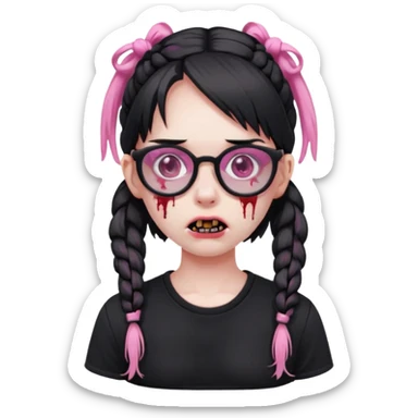 Zombie girl black shirt length pigtails with pink glasses sticker
