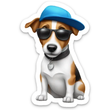 Jack Russel with square sunglasses and a cap sticker