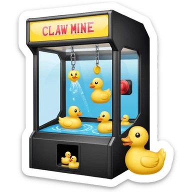 Claw machine arcade game with crane picking up a rubber ducky sticker