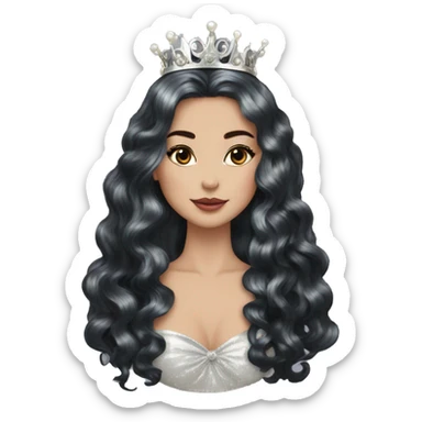 Regal pretty lady cheekbones crown vintage with very long iridescent black and silver hair wavy black hair pearl crown iridescent sticker