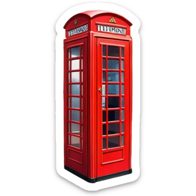 Cinematic Realistic depiction of an iconic red telephone box, rendered in vivid, saturated colors with detailed textures and reflective surfaces, set on a classic English street under soft, diffused daylight sticker