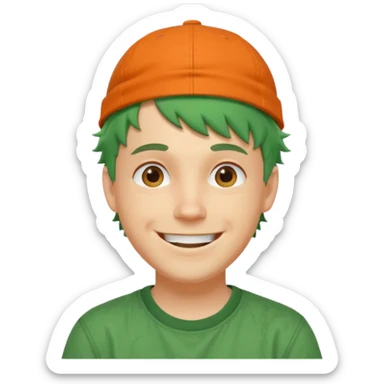 white man with big smile, short green messy hair, orange backwards cap, streetwear vibe sticker
