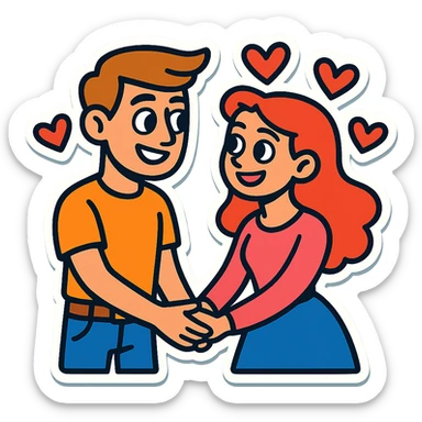 Sticker of Sasha and Yulia, two young lovers, in a vibrant toon style. They are holding hands and smiling at each other, with hearts floating around them. sticker
