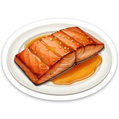 create a Honey Glazed Salmon

Camera angle: slightly elevated top-down view with a gentle bird’s-eye perspective (about 15–20°), identical perspective and scaled do not add anything  on plate  sticker