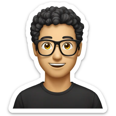 Garçon homme avec cheveux bouclés lunettes avec monture transparent avce t shirt noir sticker