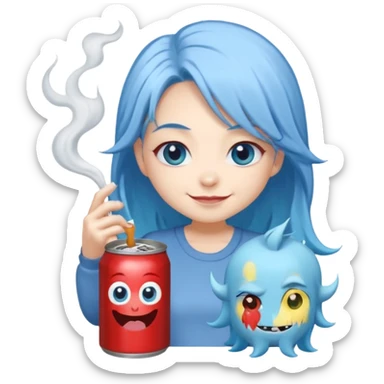 Chibi sticker of a woman with very long powder blue hair with white eyes holding a can of white Monster with a smug smile sticker