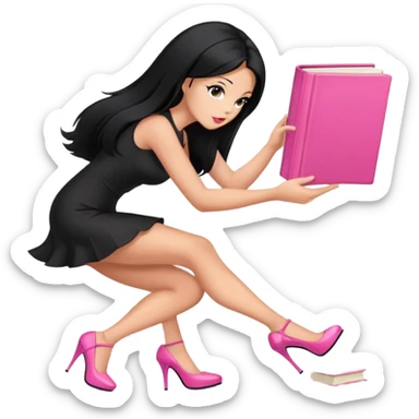 Bimbo in heels in black mini dress, long black hair tanned skin, pick up pink book from ground, sticker
