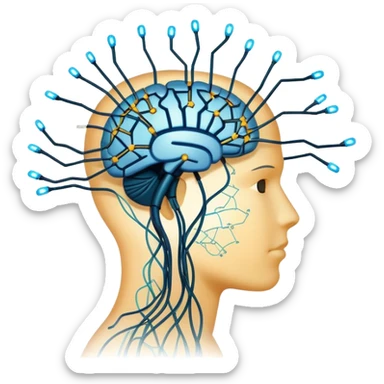 An icon featuring a human head silhouette with circuit patterns, a glowing brain, and neural network nodes, symbolizing artificial intelligence. The design includes data flow lines and robotic elements, representing machine learning and advanced computation. Transparent background sticker