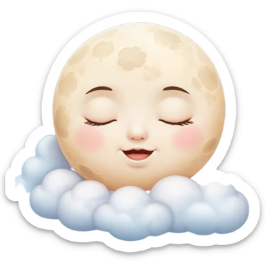 Cinematic adorable moon with a sleepy face, round and chubby, soft glowing light, tiny rosy cheeks, resting on a bed of fluffy clouds, dreamy and peaceful. sticker