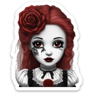 porcelain doll with a cracked face, goth makeup, long hair, lace and ruffles, lolita style, inked, black and white, red roses sticker