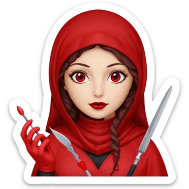 Lilith scalpel in hand, evil surgeon outfit.  She has red eyes. She has dark brown curly hair. Hair is long . Wears sexy doctor outfit with red gloves. Clears, mouth with Muslim red burka sticker