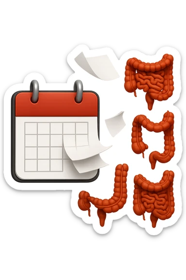 emoji stile iphone di un calendario con fogli che volano insieme a pezzi anatomici di colon umano, iperrealistico 4k, isolato su sfondo bianco sticker