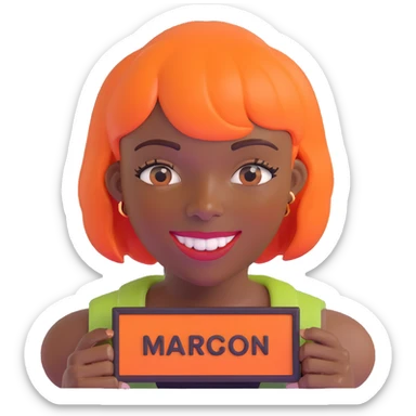 dark skinned Black woman with orange bob wig like Chucky's hair, visible plaque on her teeth sticker