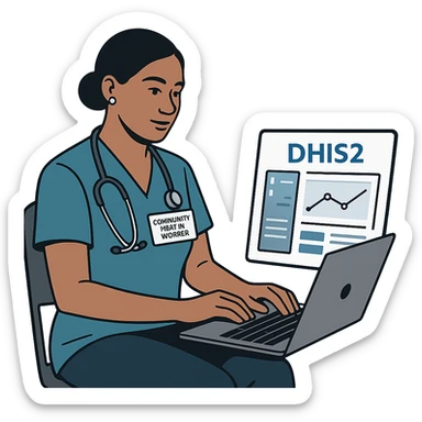 community health worker using DHIS2, digital health data entry, modern, clear, professional sticker
