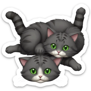 solid dark grey cat with green eyes, completely solid grey face, white toes/paws playing rolling upside down sticker