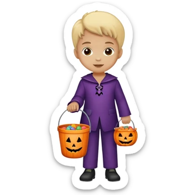 child trick-or-treating in a Halloween costume, holding a candy bucket sticker