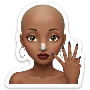 Grown black (proud) woman, bald with a perfect head, a prominent nose with a septum piercing, many piercings on her ears, a gap between her front teeth and very long nails (cynthia erivo) a proud lesbian, with long lashes and her finger tapping her head sticker