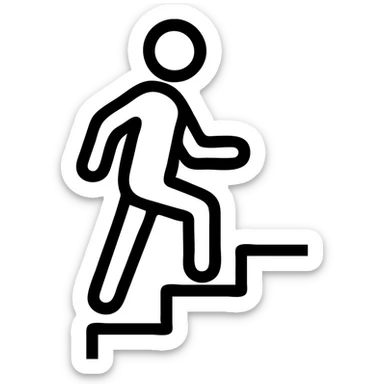 outlined icon of a man walking up steps, minimal, no fill, black lines sticker