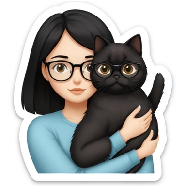 a beautiful medium size girl with black straight hair and a glasses hug a black persian cat sticker