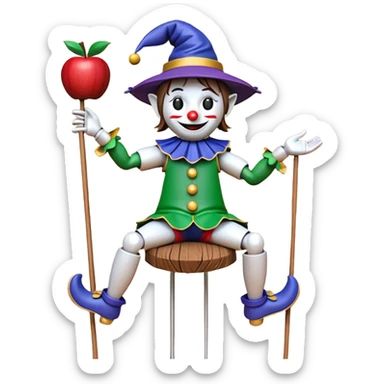 3D render of Jester Puppet as a wooden marionette puppet, Floppy hat, strings on hat, silver metal screw joints at elbows and knees, polished brown wood texture, rigid toy pose, Apple emoji style, isolated on white background --v 6.0. sticker