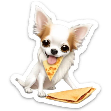 Long-haired white Chihuahua with reddish-brown markings eating a quesadilla sticker