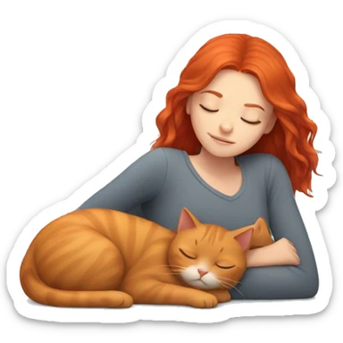 Girl with red hair sleeping next to a gray cat sticker