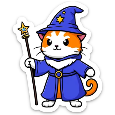 Mystical cat wizard with starry blue robes and glowing magic staff sticker