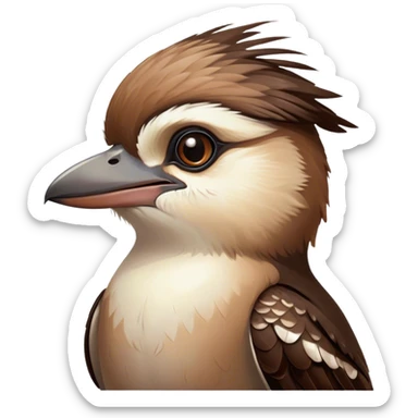 Cinematic Cute Kookaburra Portrait Emoji, Head tilted playfully and inquisitively, featuring a glossy brown plumage with subtle cream accents and a perky, expressive beak, round, sparkling eyes filled with curious mirth, Simplified yet irresistibly adorable features, highly detailed, glowing with a warm, friendly glow, high shine, affectionate and spirited, stylized with a touch of bushland whimsy, bright and endearing, soft glowing outline, capturing the essence of a mischievous yet loving kookaburra, so playful it feels like it could chuckle out of the screen into your arms! sticker