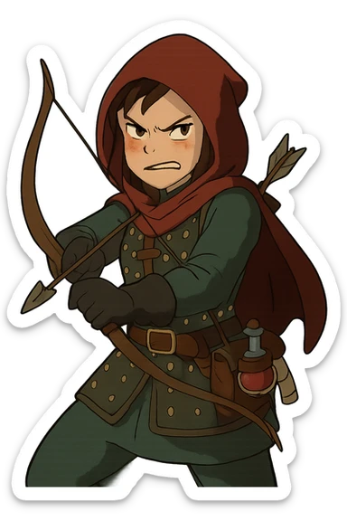 A female rouge , colored hood, wearing brigandine armor with, bow and arrow at the ready, night time shadows, tool belt with red potion and bandages, mischievous frown,  anger sticker