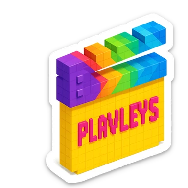 isometric view of a movie clapperboard with the text 'PLAVLEYS' written on it, voxel style sticker