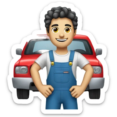 car mecanic, really happy, dark eyes, dark hair and pale skin, holding a screwdriver on hand. For clothes wearing blue overalls sticker